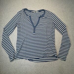 Pam & Gela Henley Long Sleeve Top Womens Navy White Striped Size Small